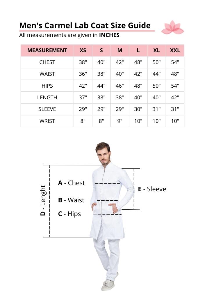 Dra Cherie Men's Carmel Lab Coat Size Guide