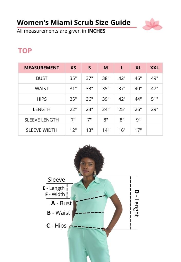 Dra Cherie Women's Lavender Miami Scrub Size Guide Top