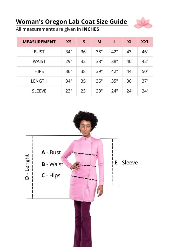 Dra Cherie Women's Pink Oregon Lab Coat Size Guide