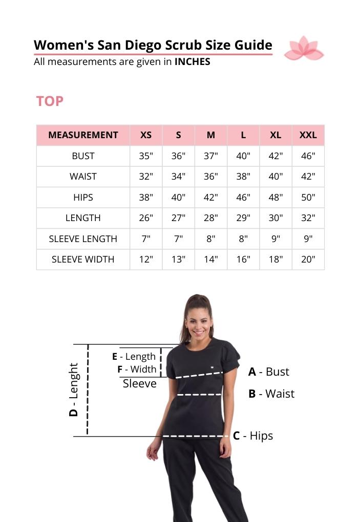 Dra Cherie Women's Velvet San Diego Scrub Size Guide Top